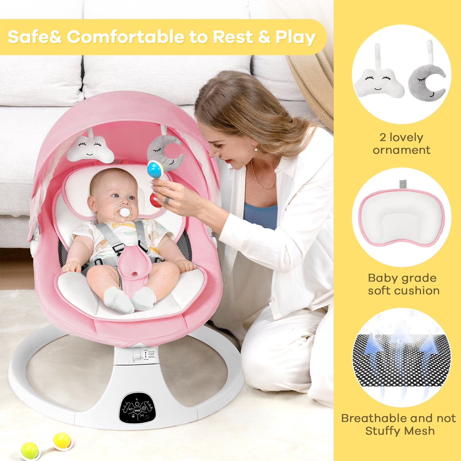Baby Swing for Infants, Unisex Baby Bouncer, Bluetooth Music for 0-18 months, 5 Sway Speeds, 10 Lullabies,PINK