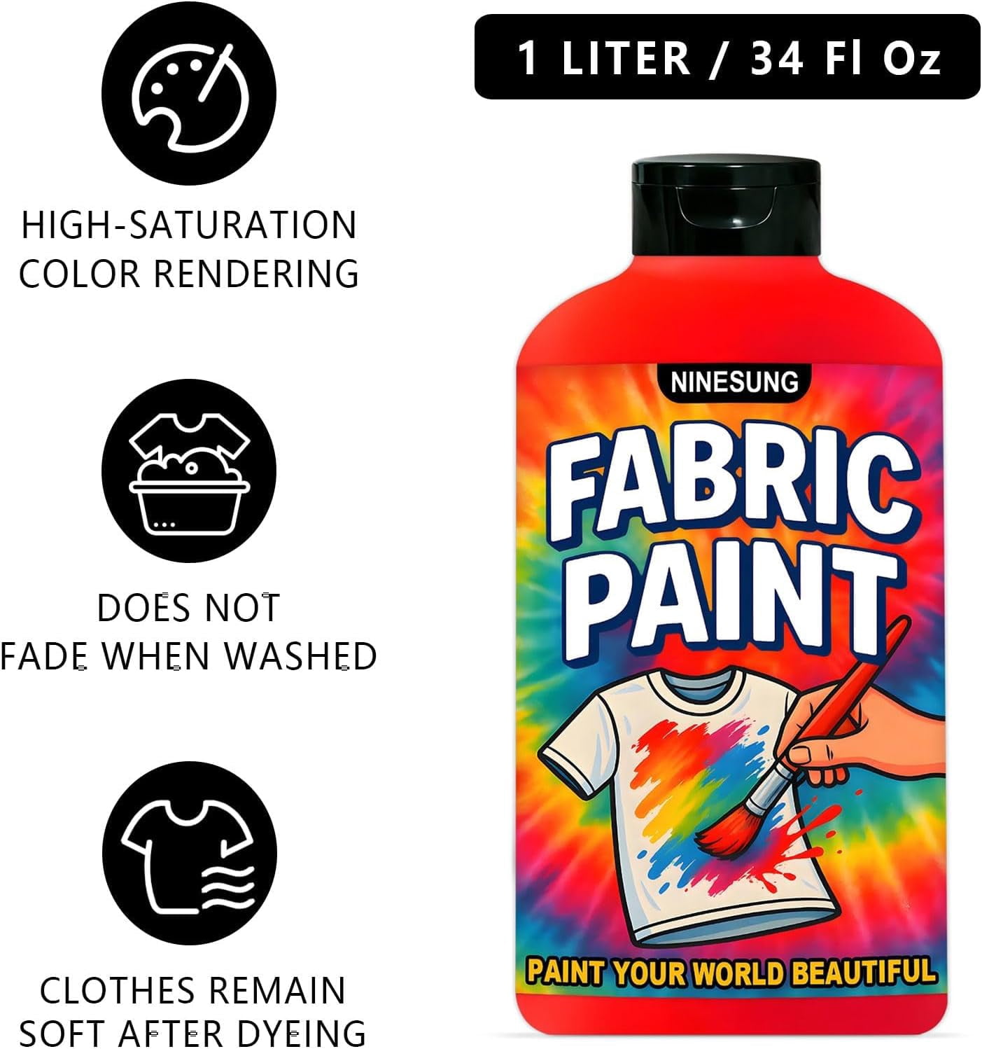 ninesung Green Fabric Paint for Clothes, 34 oz Jumbo Size - Non-Toxic Acrylic Textile Paint for T-Shirts, Shoes, Jeans, Bags, DIY Projects & Art - Vibrant & Wash-Resistant (Green,34 Fl Oz)