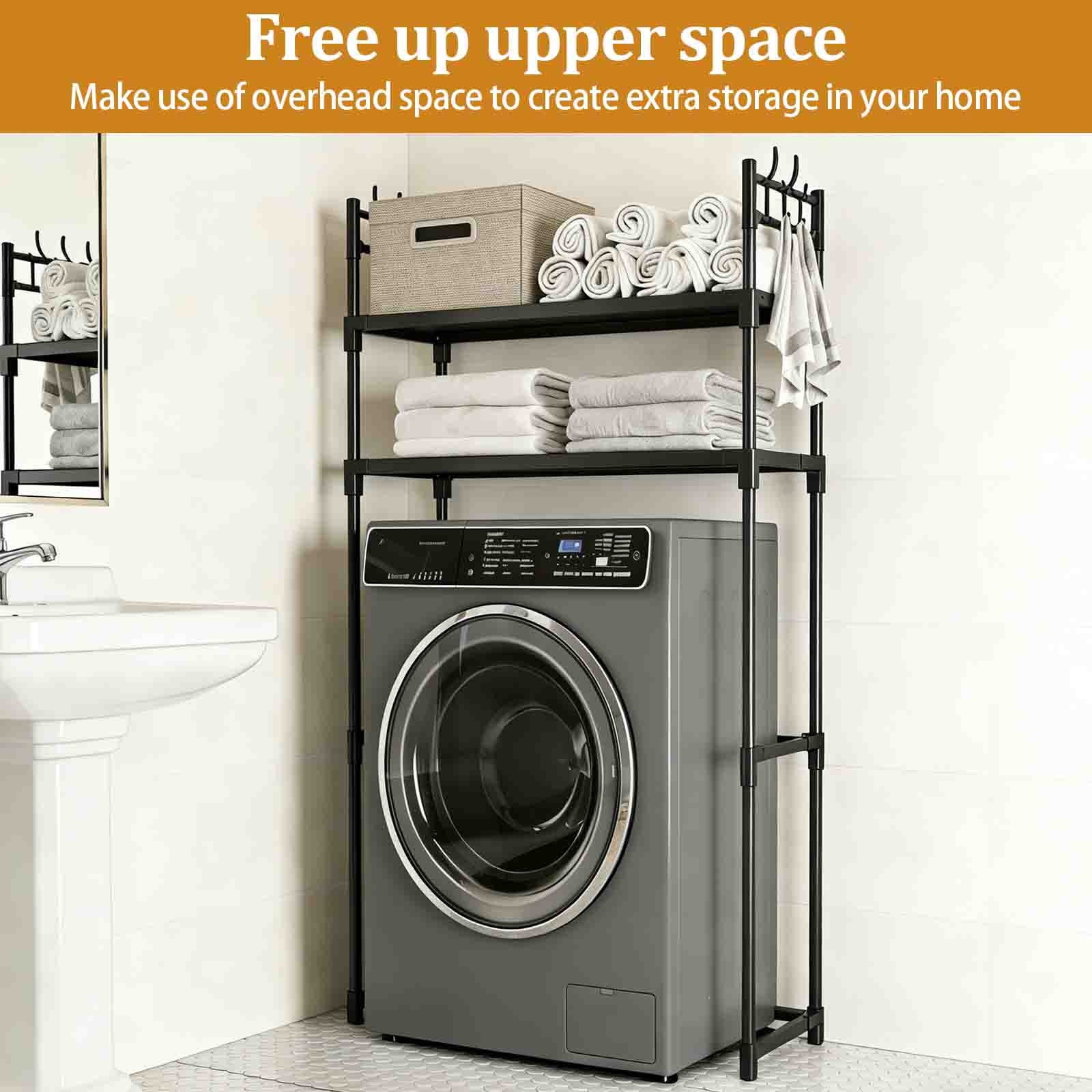 2-Tier Over Washer and Dryer Shelves - Portable Dryer Stand Over Washer with Hooks, Durable Plastic Laundry Organizer for Bathroom/Laundry Room