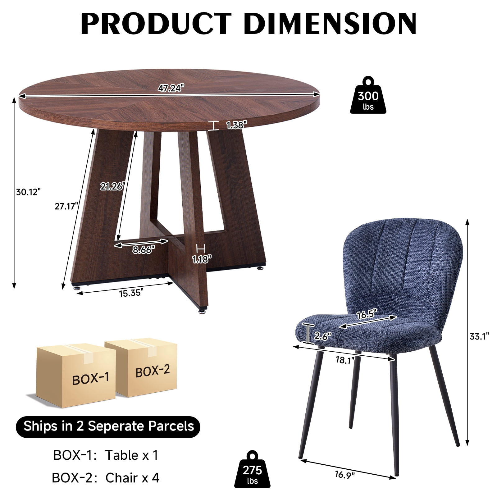 5 Piece 47" Round Dining Room Table Set for 4, [Fanned Base] [1.38" Thick Top] Wood Kitchen Table with 4 Blue Chenille Dining Chairs