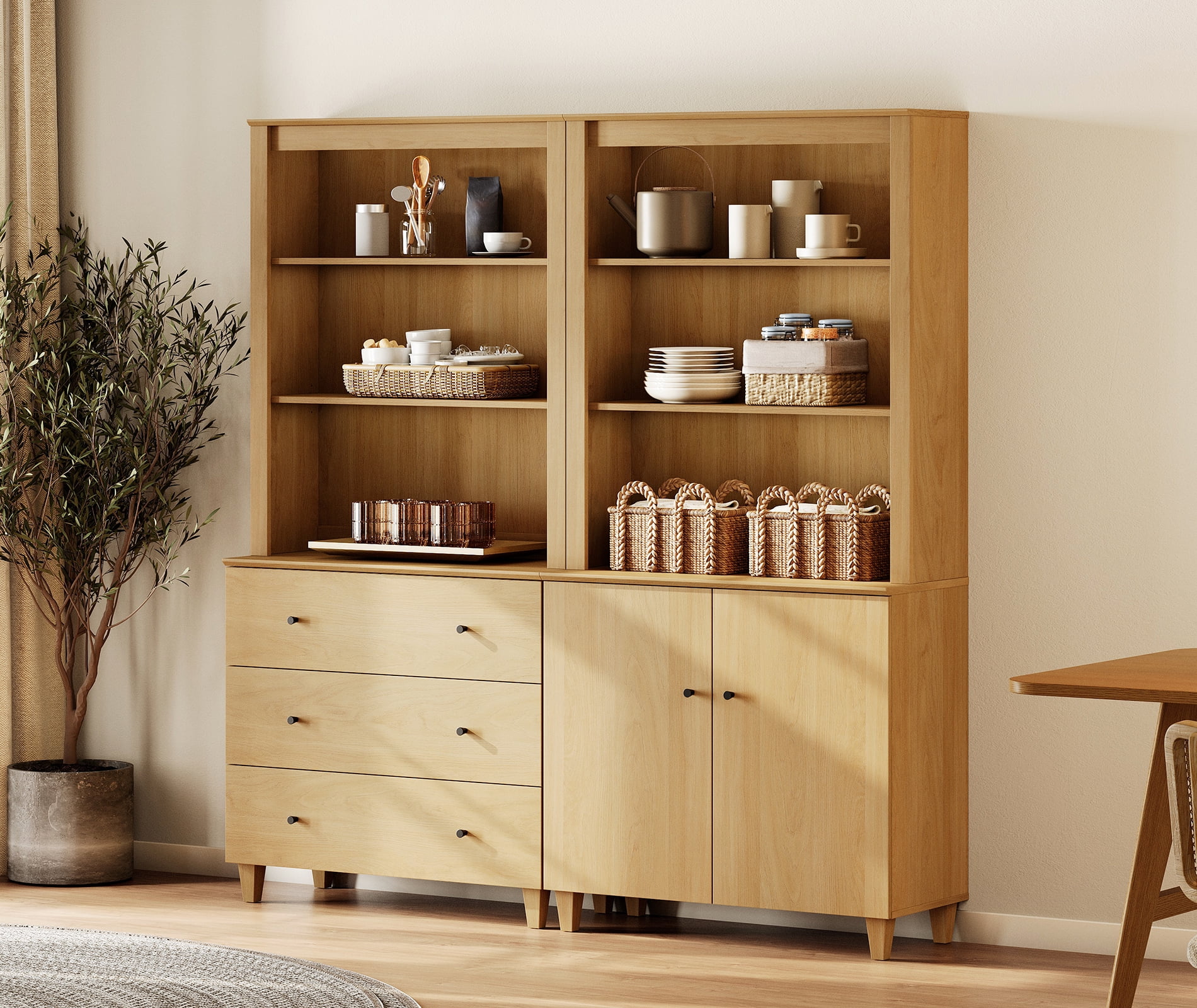 71" Tall Pantry Cabinet Set of 2, 5-Tier Kitchen Storage Pantries with Cabinets and Drawers, Modern Modular Storage Cabinets for Dining Room, Oak