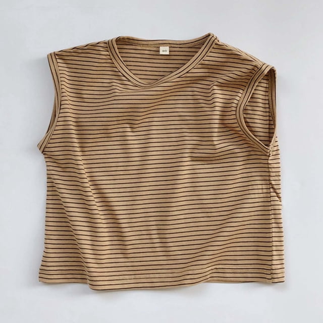 Vêtements d'Été pour Garçons, Débardeur Sans Manches à Rayures pour Enfants, Col Rond Décontracté, Khaki 7 Ans-8 Ans