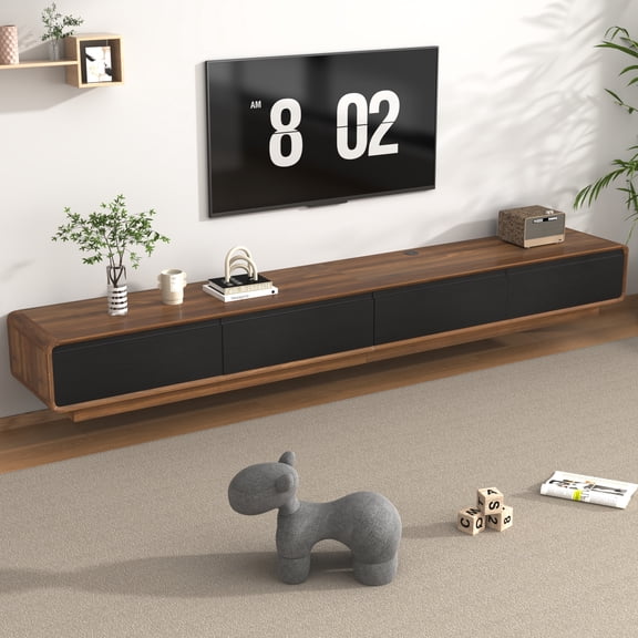 Blotout 94.5''Minimalist Floating TV Stand, Modern Wall-Mounted Media Console with 4 Drawers for Wall-mounted TV Up to 110'', Walnut & Black