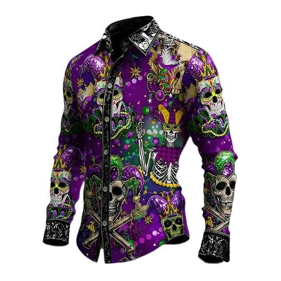 CONZONE Mens Buttons Down Shirts Long Sleeve Mardi Gras Shirts For Men Trendy Carnival Skeleton Graphic Lapel Soft Lightweight Tops