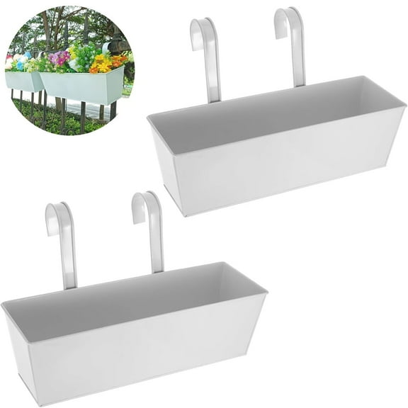 Scheam White Metal Railing Planter,2 Pcs Rectangular Hanging Flower Pots with Detachable Hooks,Large Window Planter Boxes,Countryside Style Fence Flower Buckets,for Indoor Outdoor