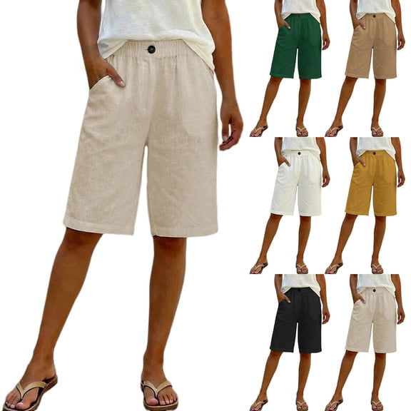 Only Moment Shorts for Women Polyester with Pockets High Waisted Stretch Knee Length Shorts for Women Summer Walking Shorts with Pockets for Wowomen Black,S