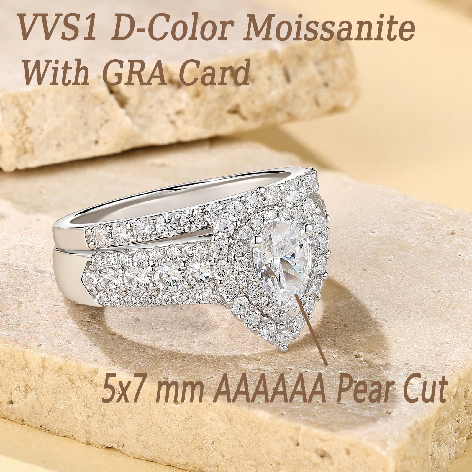 Newshe Jewellery 2 Ct Moissanite Bridal Ring Sets Double Halo Pear Cut Engagement Promise Rings for Women Size 8