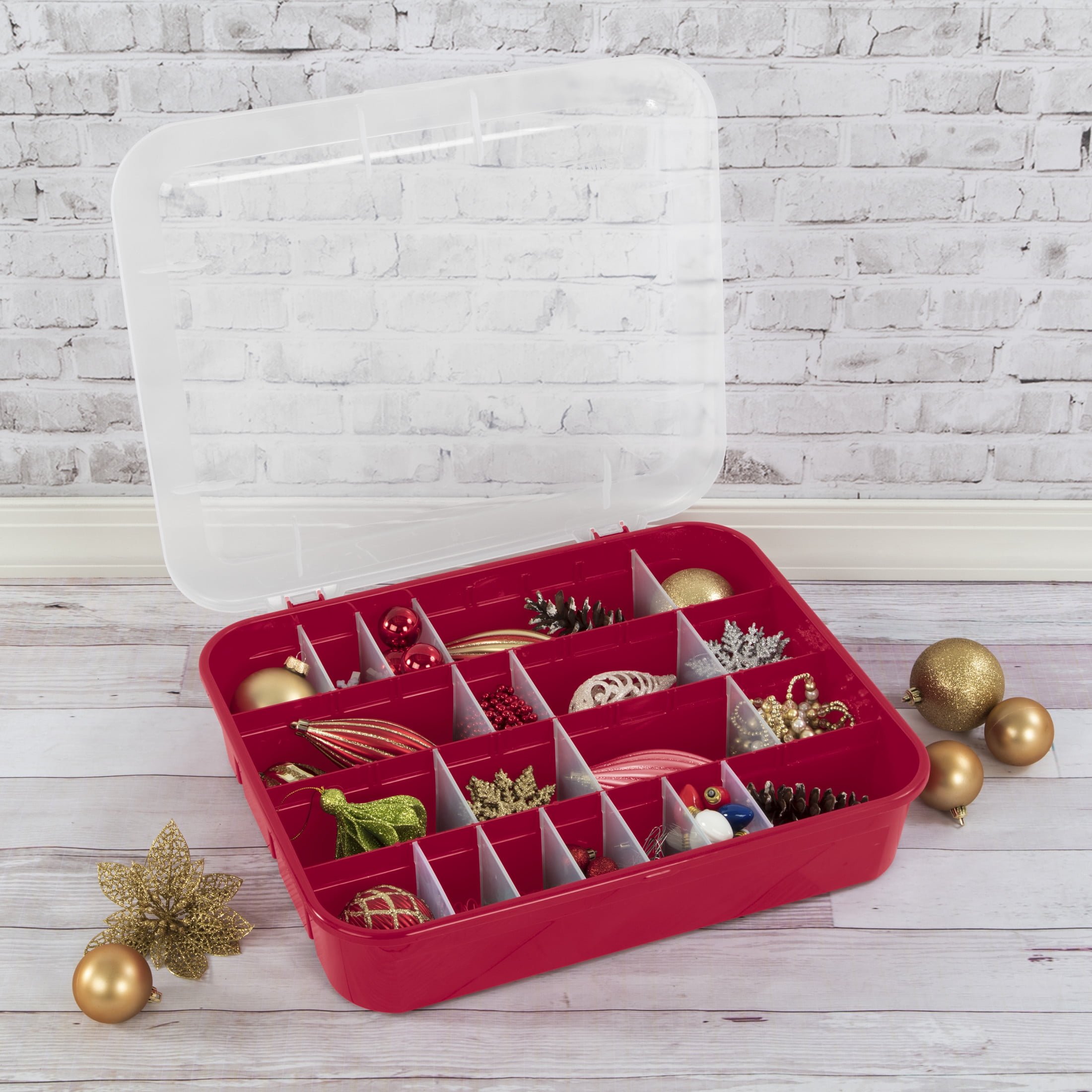 (2 pack) Sterilite Adjustable Ornament Box, Stackable Christmas Storage Bin with Lid, Dividers Create up to 32 Compartments for Holiday Keepsakes, Red