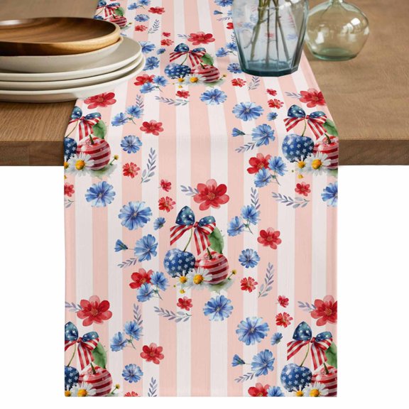 4th of July Table Runner 72 Inches, Independence Day Floral Pink Striped Bed Runner Dresser Scarves Tabletop for Indoor Outdoor Parties/Ceremony/Banquet, 13" x 72"