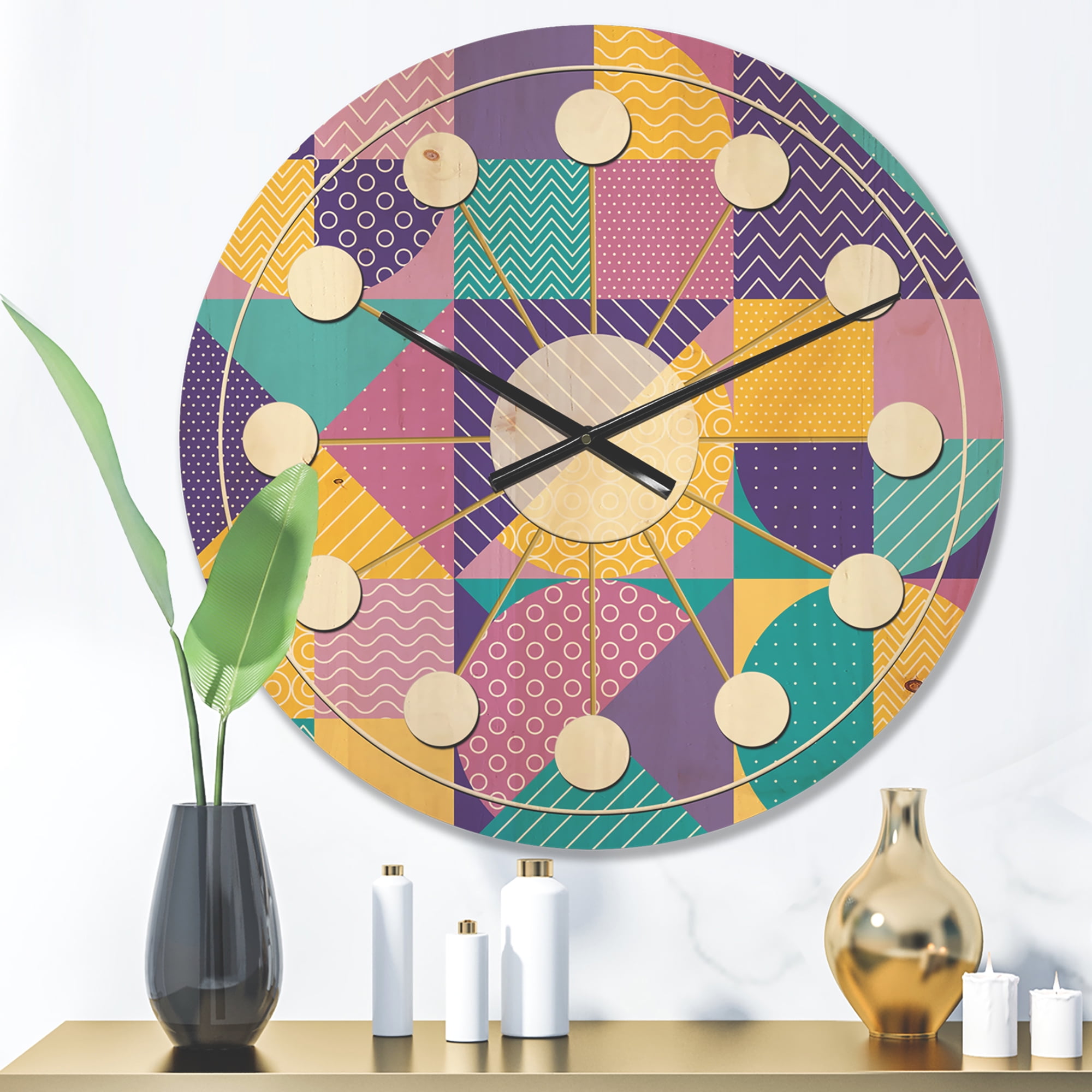 Designart 'Retro Geometrical Pastel Abstract I' Mid-Century Modern Wood Wall Clock