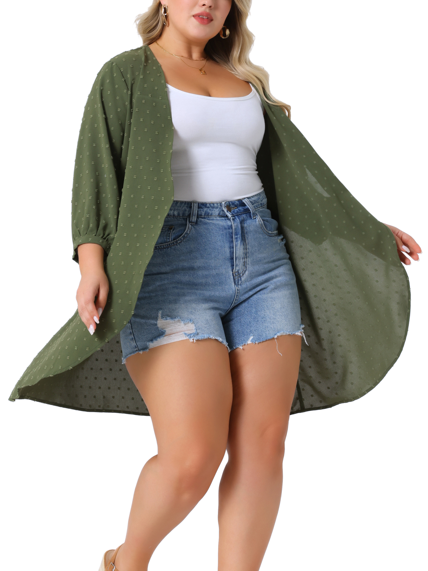 DARING DIVA Plus Size 3/4 Sleeve Swiss Dots Cover Up Cardigan 3X Army Green