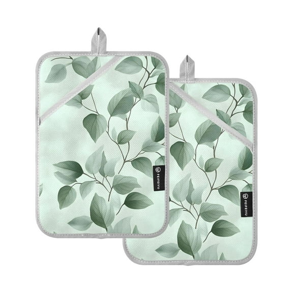 Watercolor Green Leaf Oven Mitts Pot Holders 2 pcs Heat Resistant for Kitchen Baking Grilling