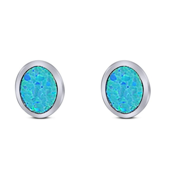 7mm Oval Stud Women Earring Lab Created Blue Opal Solid 925 Sterling Silver