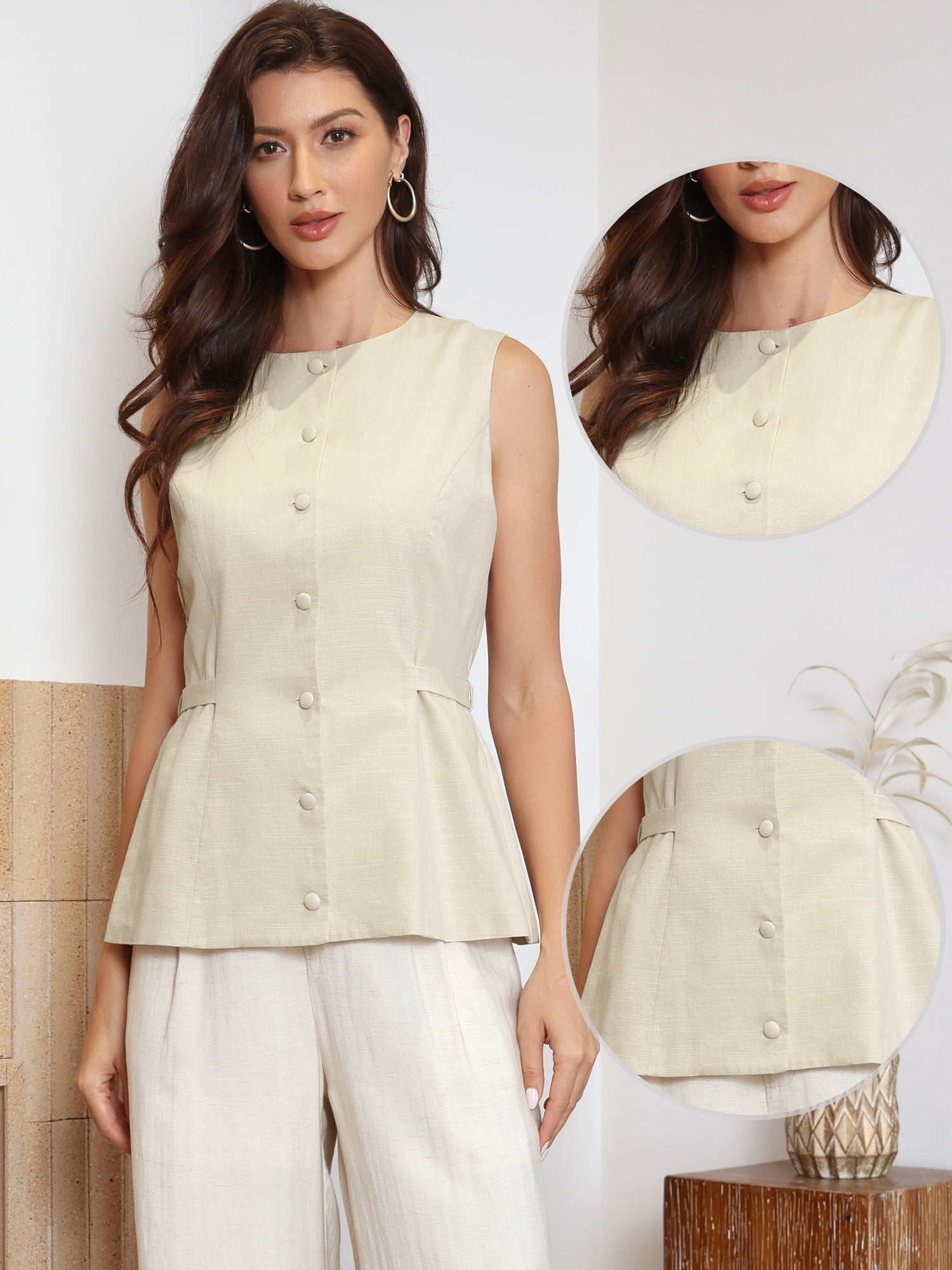 DARING DIVA Women's Stylish Linen Sleeveless Crew Neck Button Down Waistcoat L Apricot