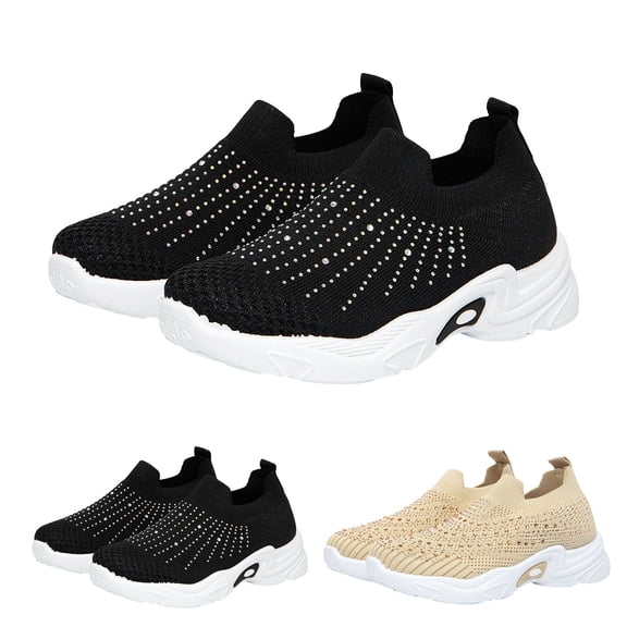 Dakaela 4-13Y Toddler Rhinestone Slip on Sneakers Boys Girls Sparkly Arch Support Walking Running Tennis Shoes for Outdoor Athletic Sports Beige
