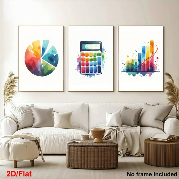 2D Flat, 3pcs HD Decorative Canvas Art, 2D Frameless Wall Prints - Accounting Poster Set of 3, Office Gift for Bookkeepers & Finance Teams, Watercolor Home and Office Wall Decor