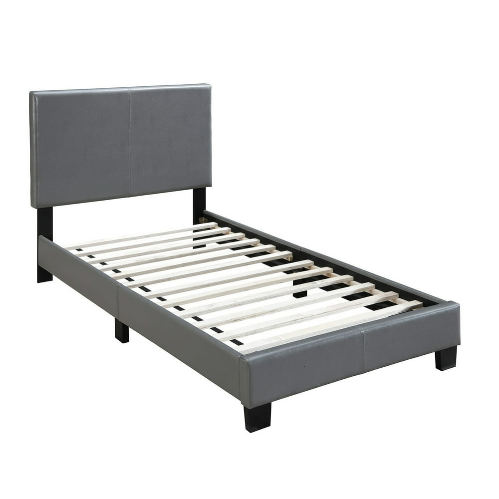 Transitional Style Leatherette Twin Bed with Padded Headboard, Gray
