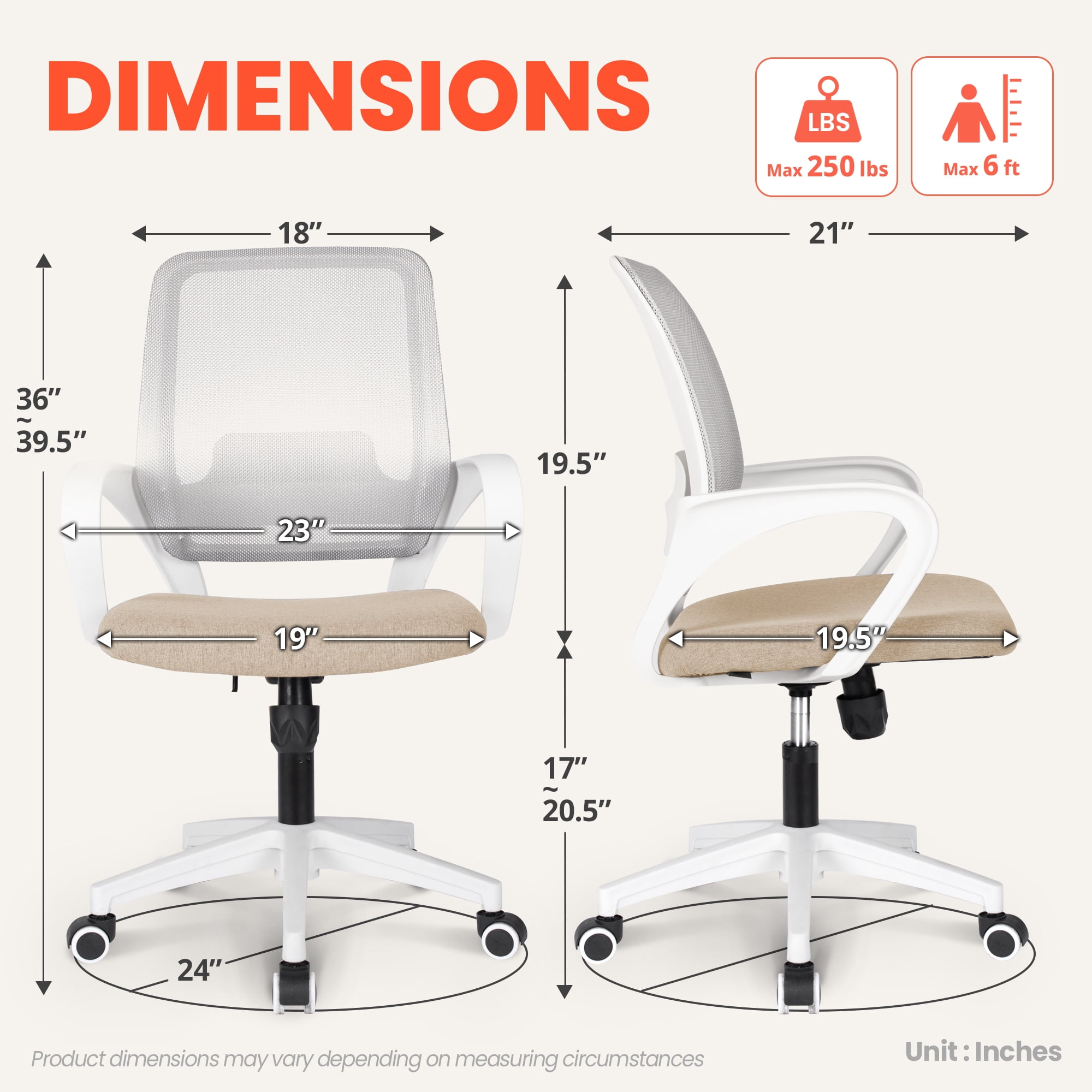 NEO Chair Office Desk Ergonomic Mesh Computer Chair with Lumbar Support Adjustable Height Swivel Rolling Wheels Comfy Mid Back Task Chair for Home Bedroom Vanity Study (Beige)