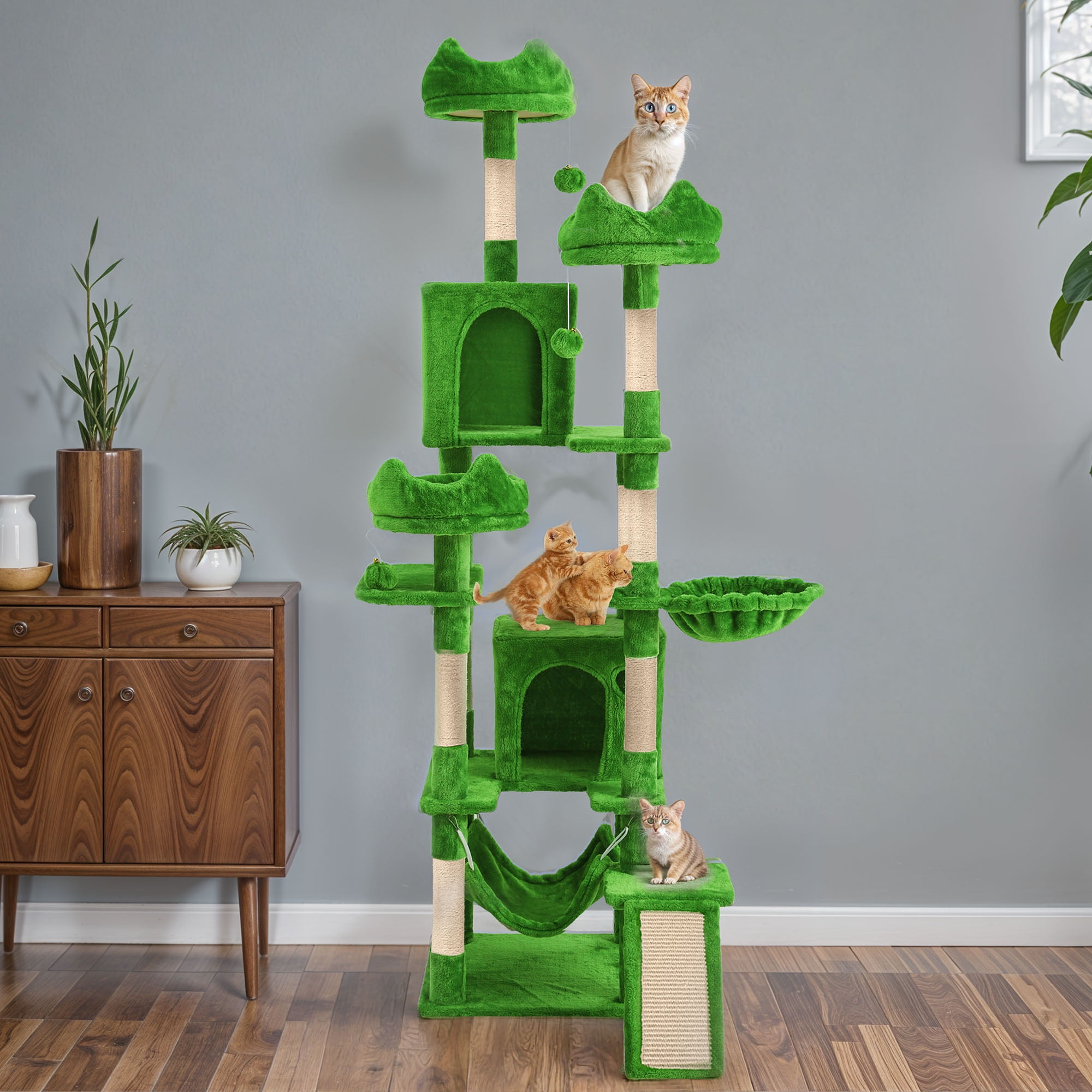 Uforic 75" Multi-Level Green Cat Tree Tower with Hammocks and Scratching Posts