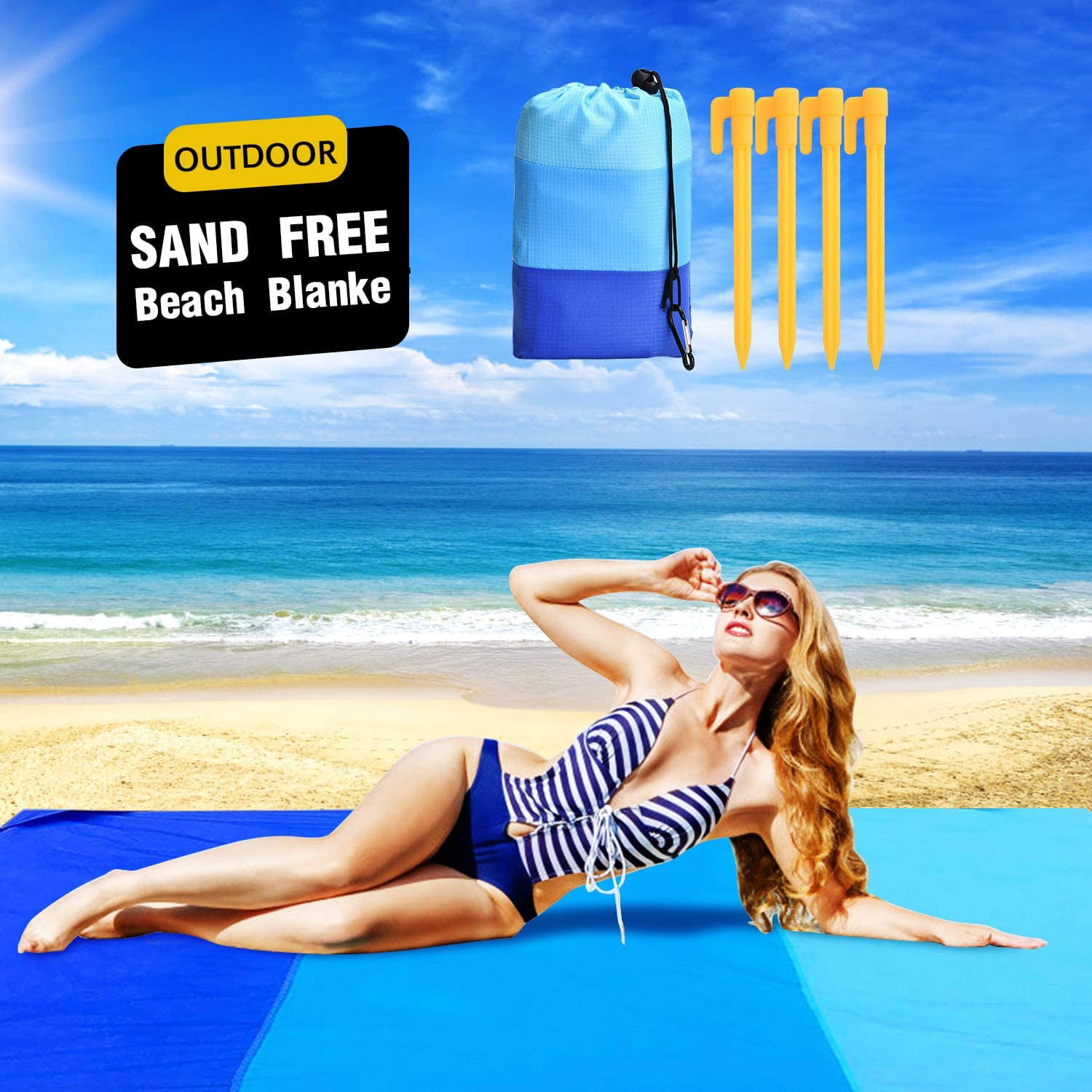 Compact Picnic Blanket Sand Proof Beach Blanket Details about   Pocket Blanket 1 60"x 56" 
