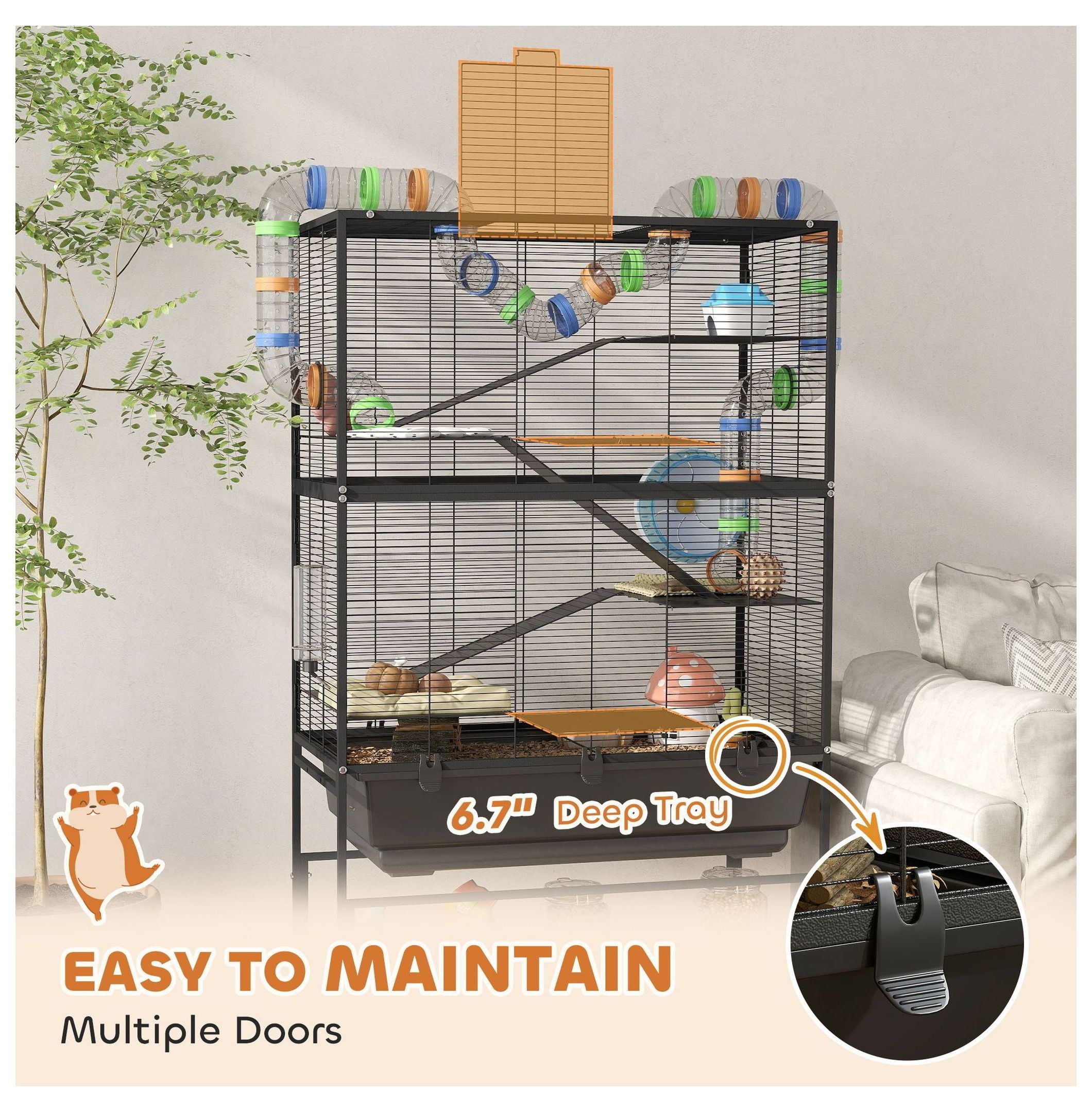 Hamster Cage 5 Tier, Rat Cage Rolling with Deep Tray & Shelf, Exercise Wheel & Tubes - Syrian Hamster Gerbil Habitats