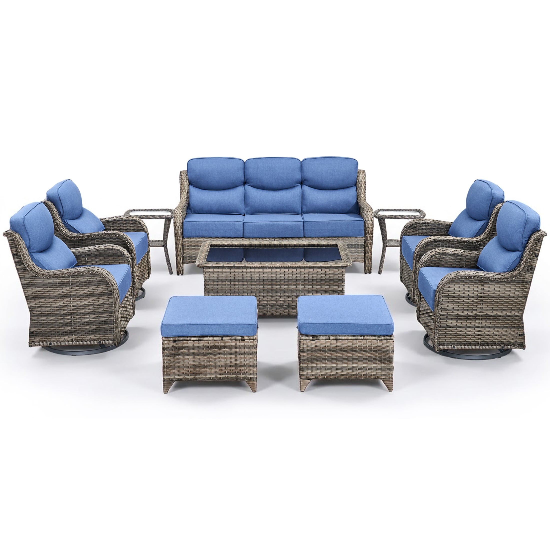 Unnifurnzi 10 Pieces Wicker Outdoor Furniture-Outdoor Swivel Chairs Set of 4 with 6 Inch Thick Cushions Outdoor Couch with Outdoor Ottoman Patio Furniture Set for Deck Porch Poolside-Gray/Blue