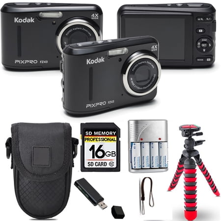 Kodak PIXPRO FZ43 Digital Camera (Black)+ Spider Tripod + Case - 16GB Kit