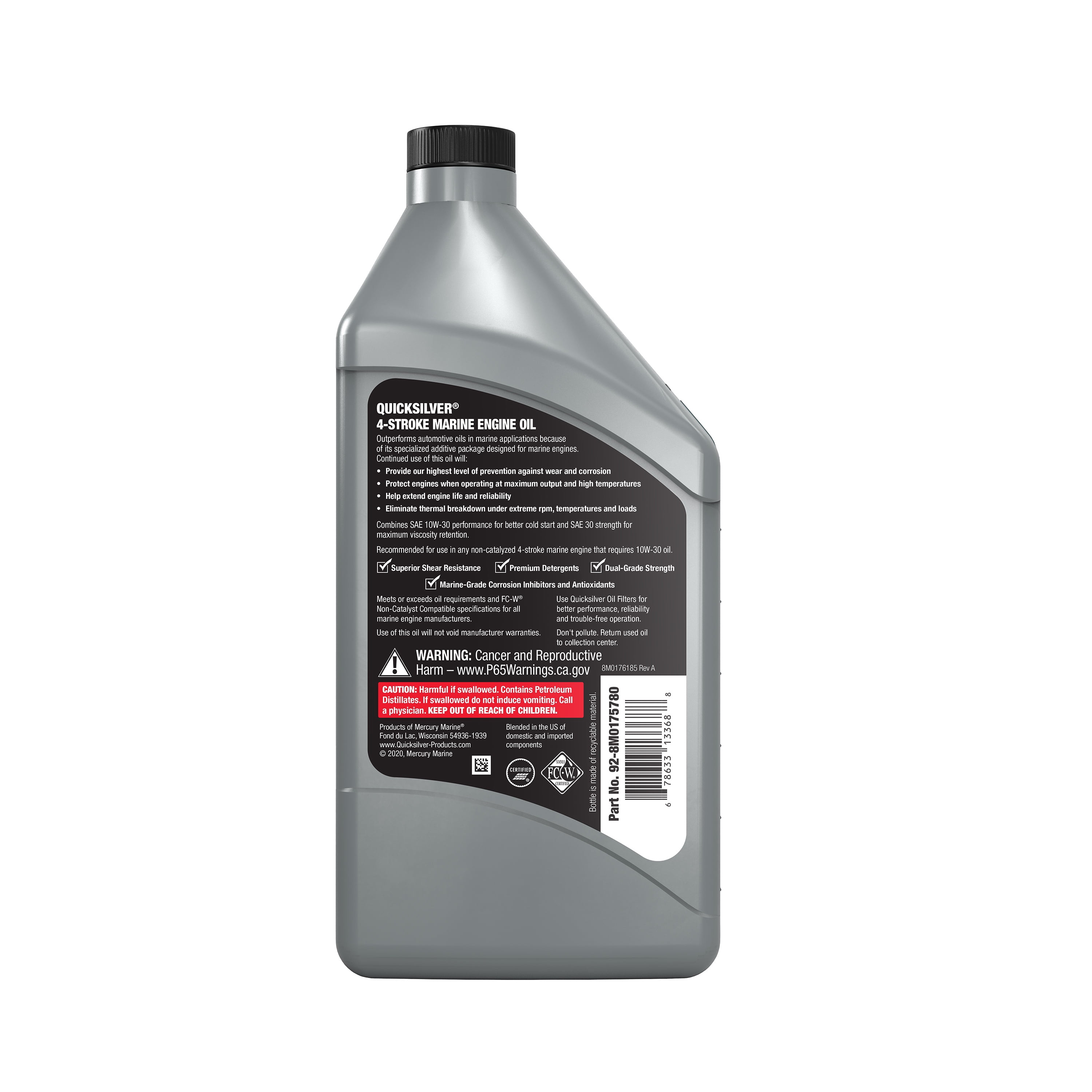 Quicksilver 8M0175780 10W-30 Full Synthetic Marine Engine Oil, 1 Qt.