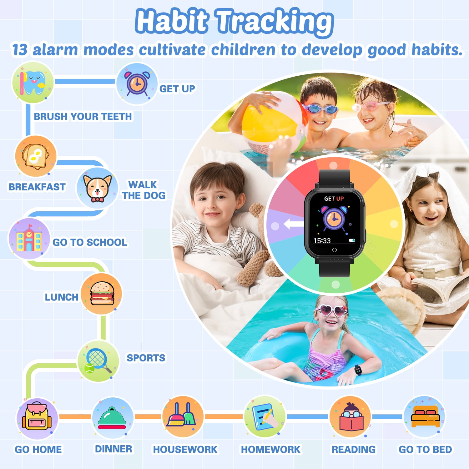 Vakzovy Waterproof Smart Watch for Kids with 32 Games Dual Camera Video Habit Tracking Music Player Pedometer Screen Protectors Lanyard, HD Touchscreen Kids Watch Toy Birthday Gift for 3-12 Year Old