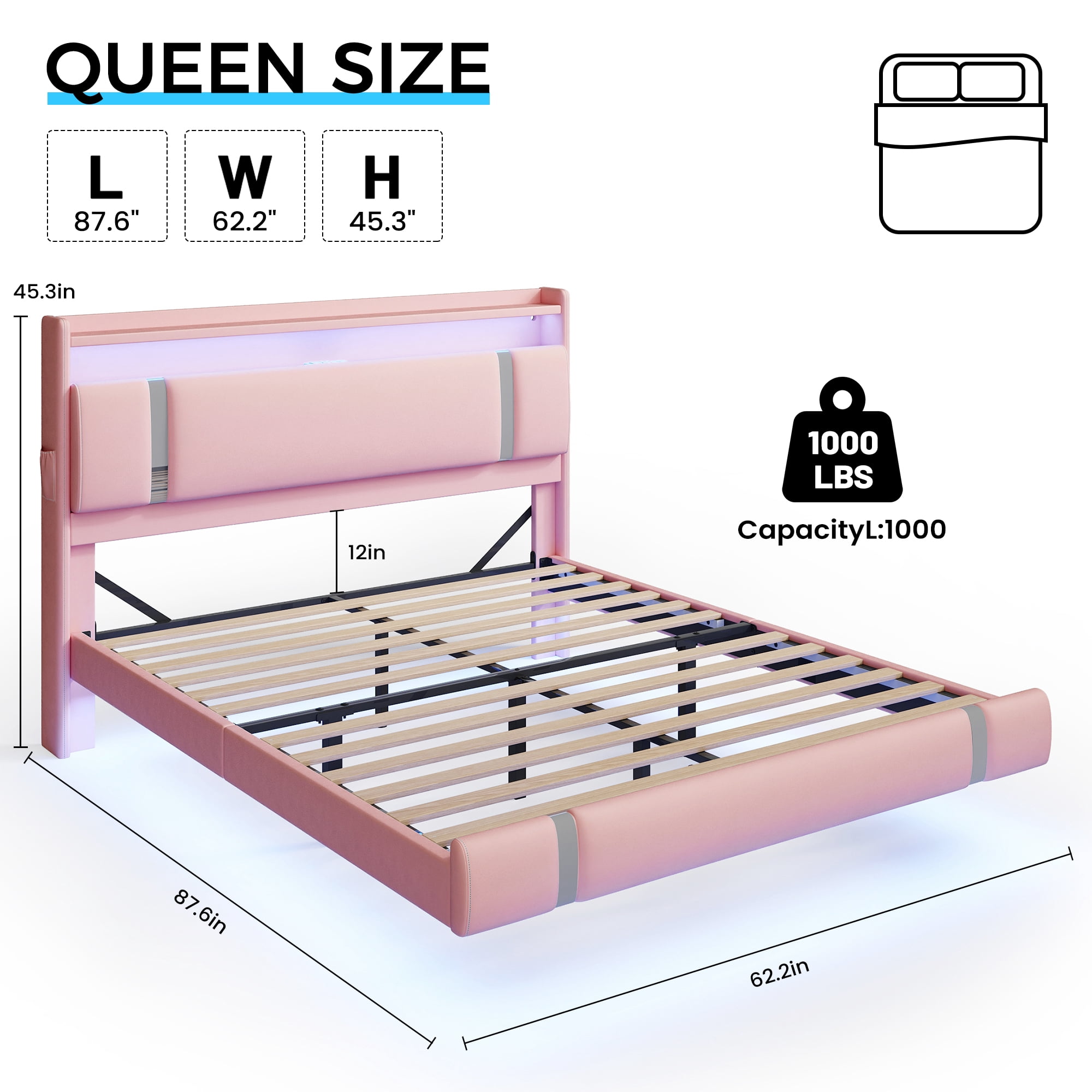 IDEALSOUL Queen Size Floating Bed Frame with Upholstered Storage Headboard, Metal Platform Bed with Charging Station & LED,No Box Spring Needed,Easy to Assemble (Queen,Pink)
