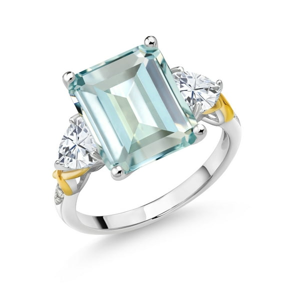 Gem Stone King 925 Silver and 10K Yellow Gold Sky Blue Simulated Aquamarine Moissanite and Diamond 3 Stone Ring for Women (6.37 Cttw, Gemstone Birthstone, Emerald Cut 12X10MM, Size 5)