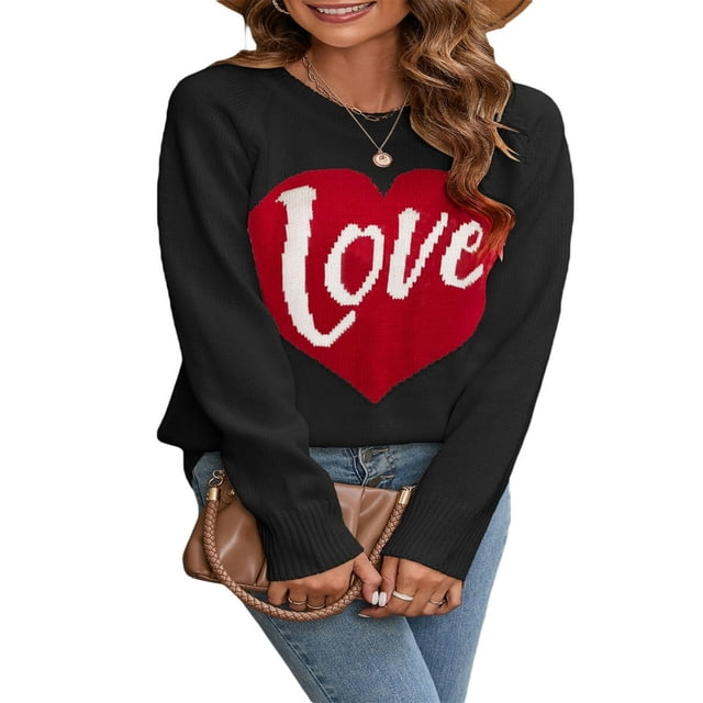 Valentine S Day Pull pour les Femmes Aiment Coeur Graphique Tricot Tees Col Rond Manches Longues Pull Tops Sweatshirts Blanc Rouge XL