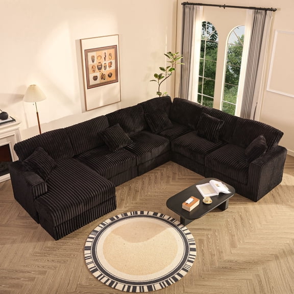 LAKPS 139" U-Shaped Sectional Sofa, 7-Seater Modular Cloud Couch for Large Families & Guests with Corduroy Upholstery, Left Facing Chaise, Black