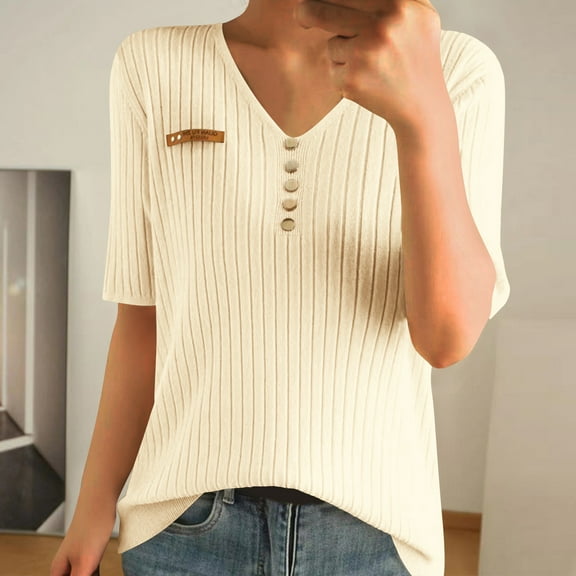 ALLLIST Women's Tops Ribbed Henley Elbow-Length T-Shirts Trendy Beige Solid Shirts Ladies Tops
