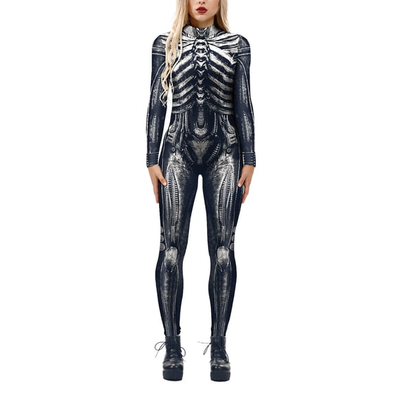 Tisuna Womens Halloween Onesie Skeleton 3D Printing Romper Long Sleeve Stand Collar Jumpsuit Stretchy Ladies Theme Party Stage Performance Tight Bodysuit Size L