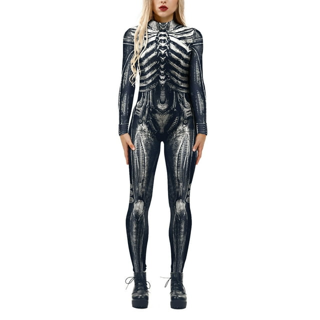 Women Jumpsuit Skeleton Robot 3D Printing Bodysuit Zipper Back for Halloween Full Body Outfit
