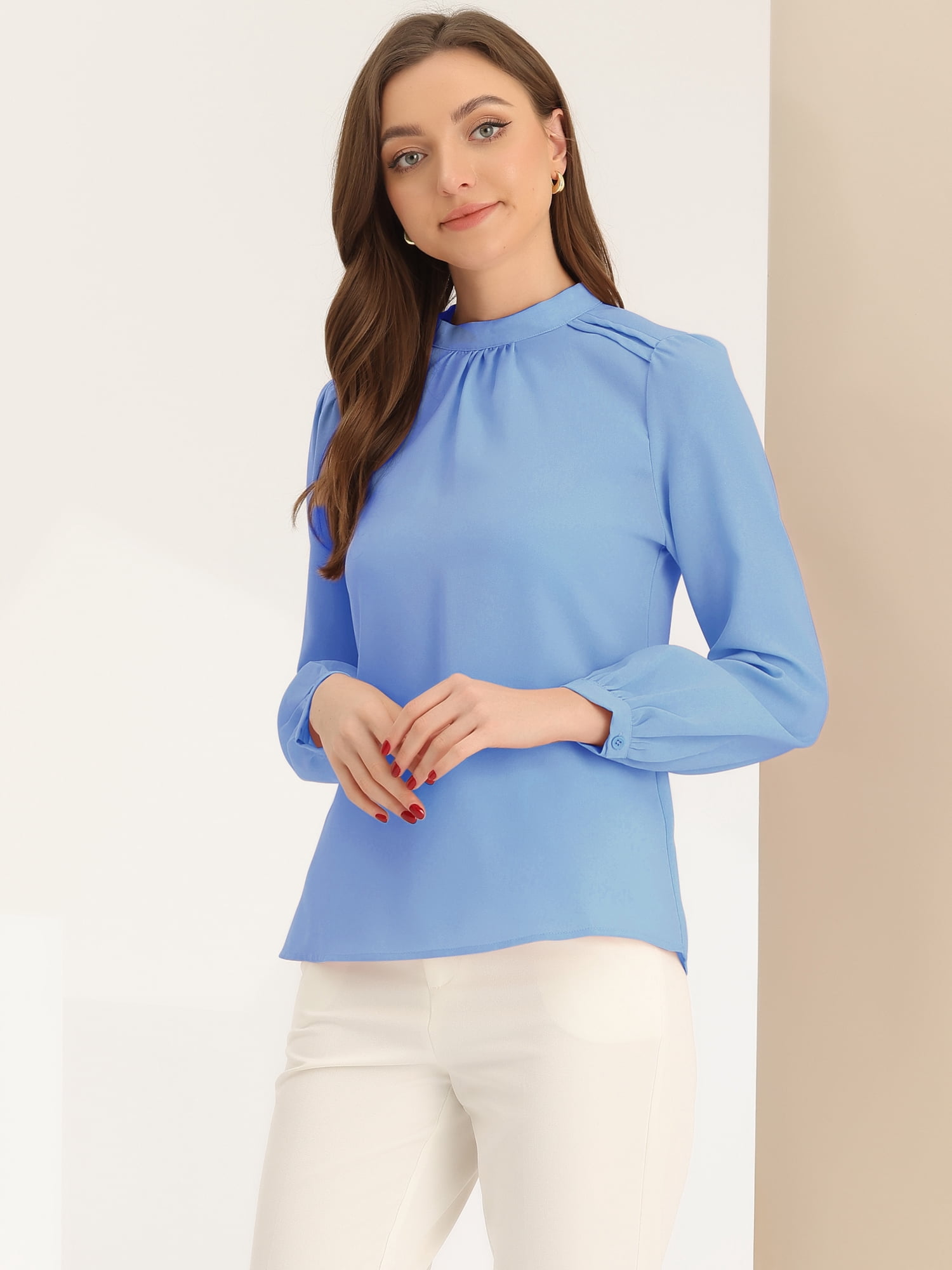 DARING DIVA Women's Work Office Mock Neck Long Sleeve Blouse XL Blue