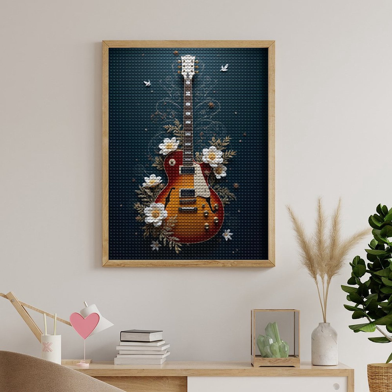Diamond Art Kits for Adults, Guitar Floral Design Art Deco 5D Diamond Painting Kits for Adults Beginners, DIY Full Drill Diamond Painting, Gem Art and Crafts 12x16
