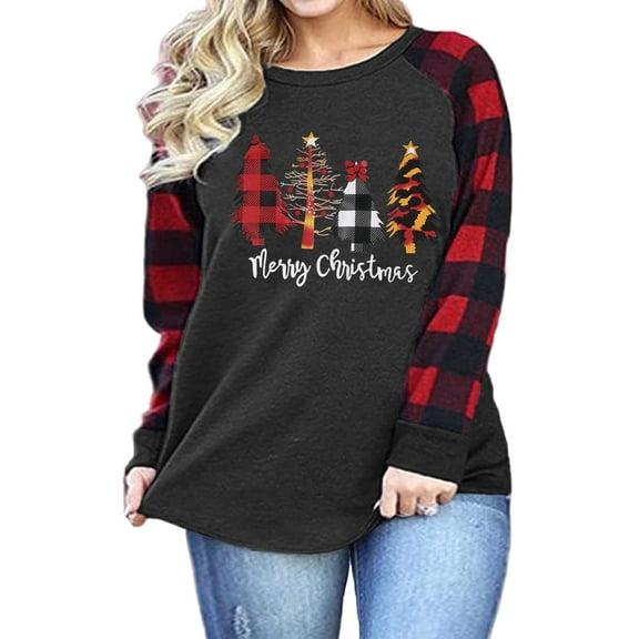 KimSoong Women Christmas Plus Size Shirts Merry Christmas Plaid Leopard Tree Graphic Sweatshirt Long Sleeve Crew Neck Top