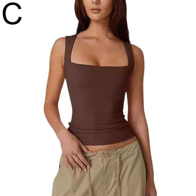 2025 New Amazon Summer New Women'S Square Neck Sleeveless Double Layer Vest Basic Tight T-Shirt
