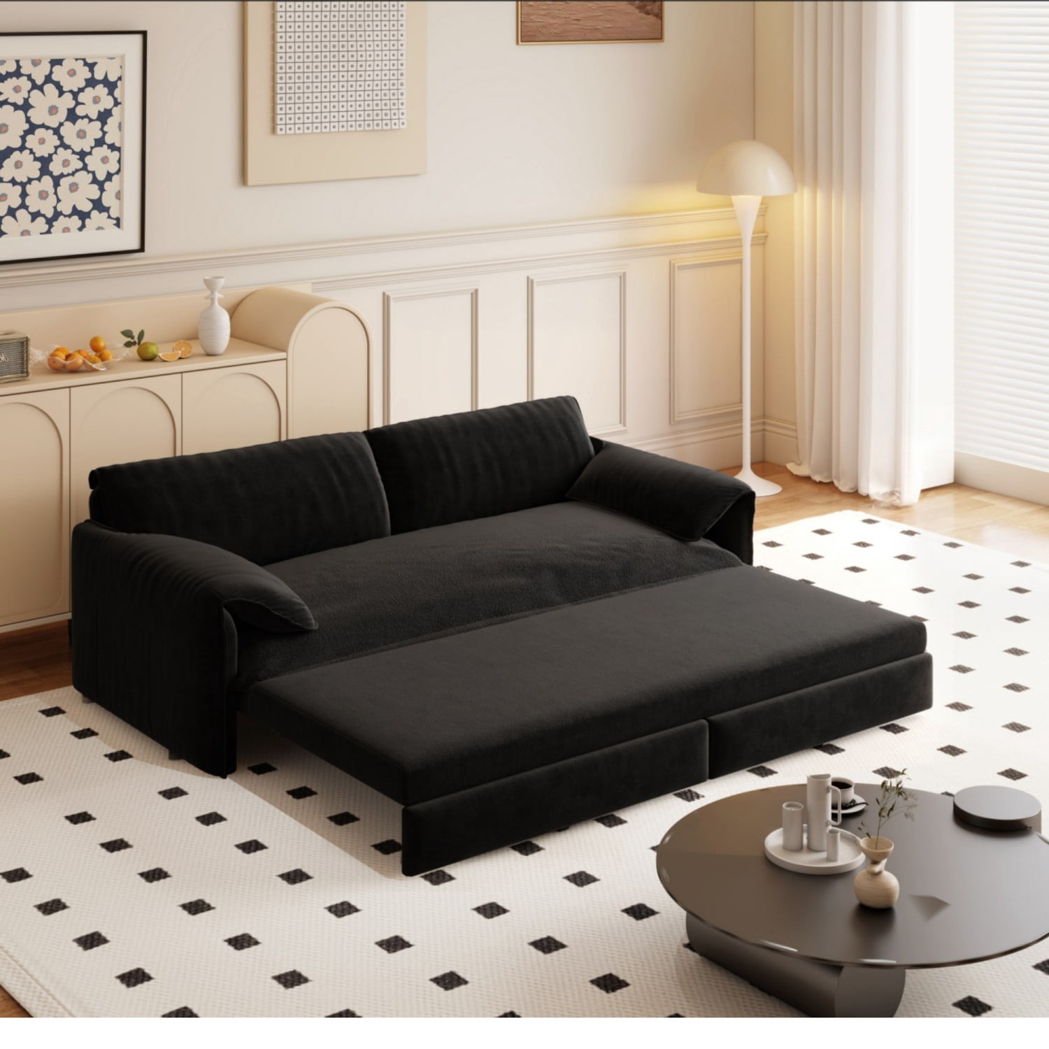66" Queen Pull Out Sofa Bed, 3-in-1 Convertible Sleeper Sofa with Side Storage,Multi-Functional Velvet Loveseat Bed for Living Room,Bedroom,Apartment,Office.