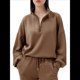 thumbnail image 3 of Sudadera Holgada Informal de Modal con Media Cremallera y Cuello Alto para Mujer, Jersey de Larga Popular para Otoño de 2025. Marrón S, 3 of 8