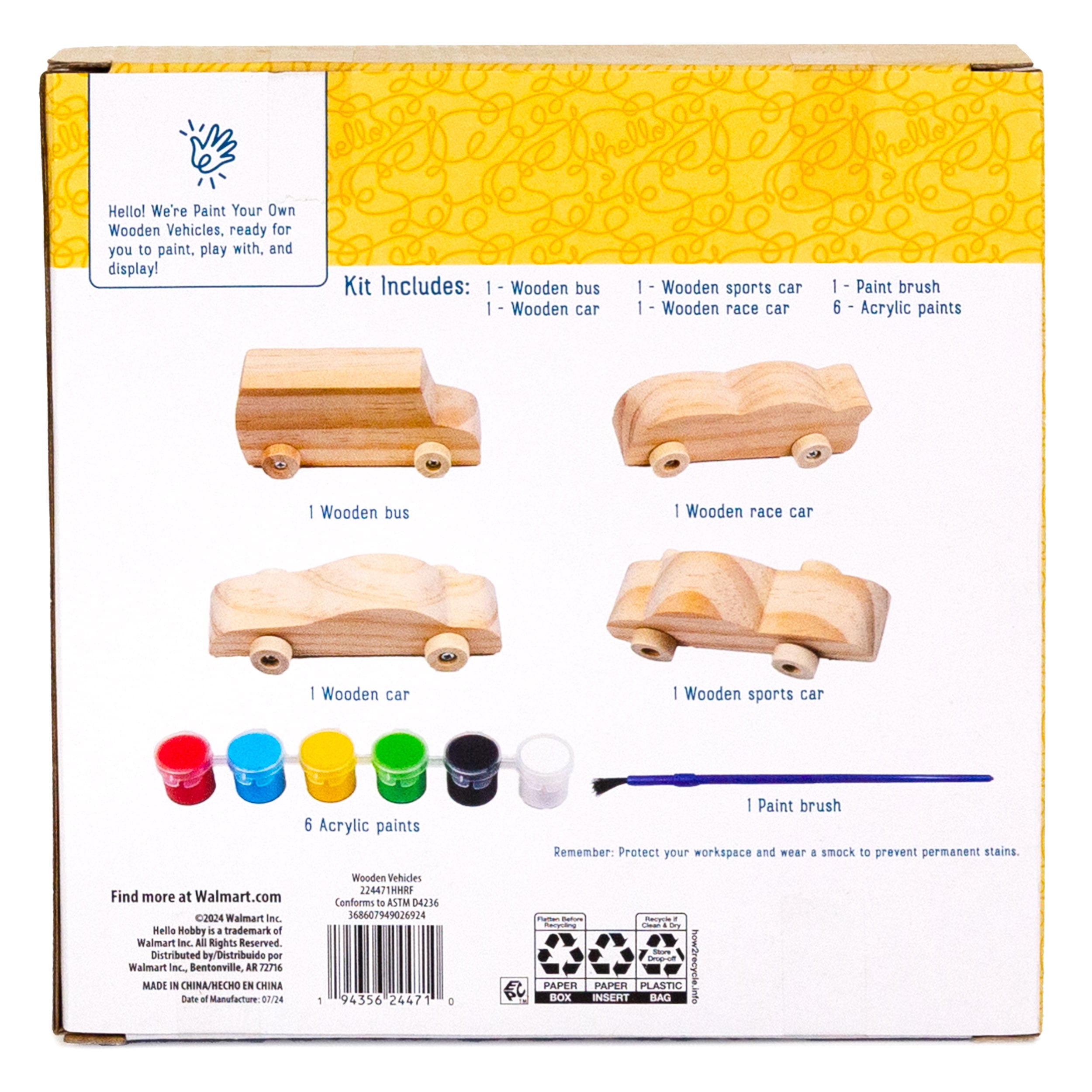 (2 pack) Hello Hobby Multicolor Paint Your Own Wooden Vehicles, Arts & Craft Kits