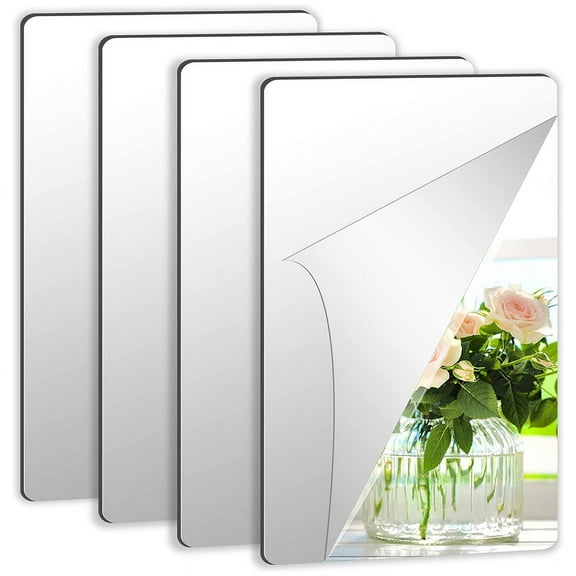 4pcs Acrylic Mirror Sheets Flexible Non Glass Mirror Tiles with 16pcs Self Adhesive Stickers for Home Livingroon Decoration Wall Decor