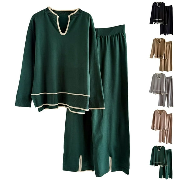 Women's Two-piece Set With Contrasting Color Edges U-shaped Collar Long Sleeved Knitted Sweater Split Wide Leg Pants for Fall Winter Coordinated Outfits,Black,One Size