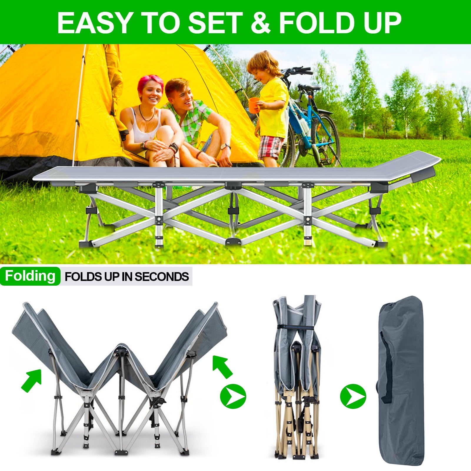 Durable Folding Camping Cot with Mattress for Adults - Portable 1200D Oxford Foldable Bed with Carry Bag - Ideal Sleeping Cot for Camping, Outdoor Travel, Grey