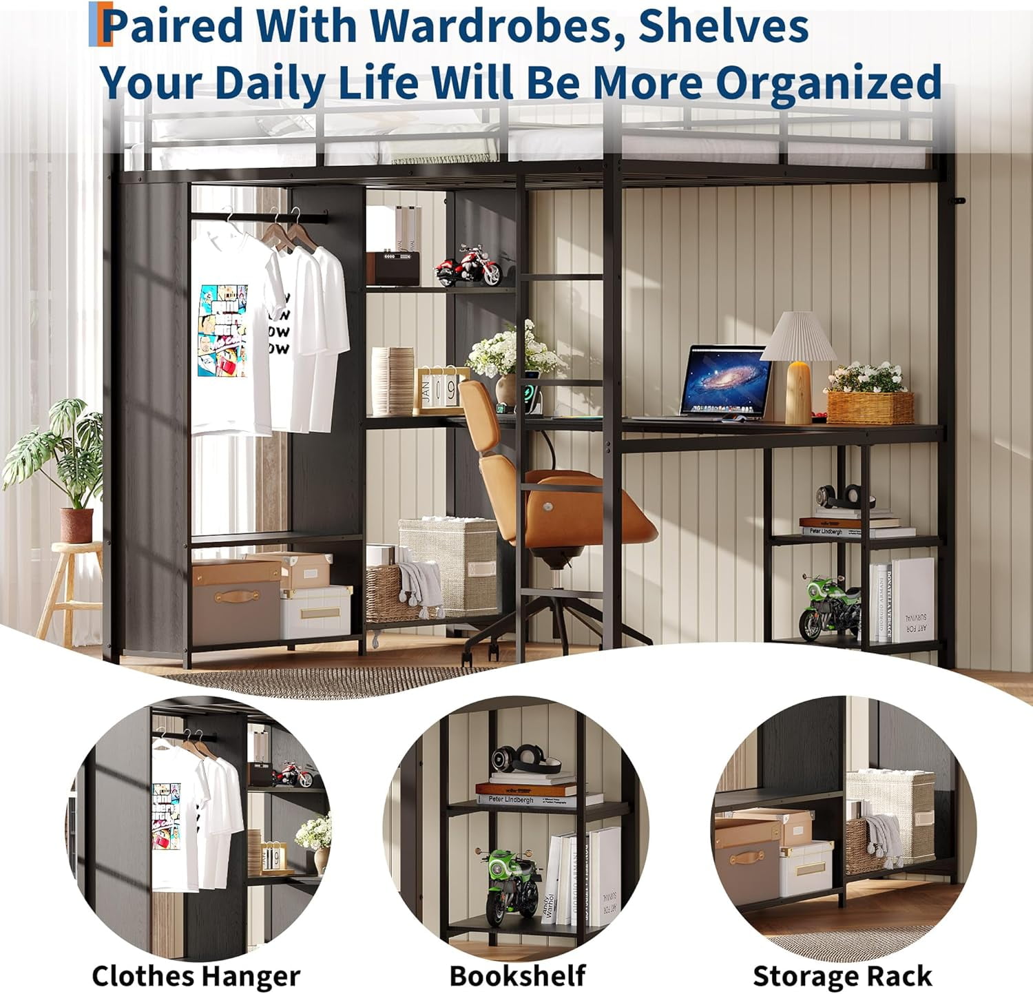 Rugerasy Queen Size Metal Loft Bed with Desk and Storage Shelves,Heavy Duty Bedframe with Wardrobe,Hanging Rod,Guardrail and Ladder,Black