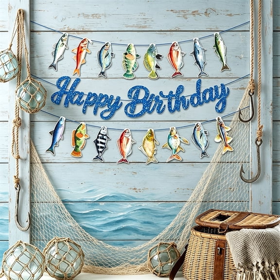 Liyquint Fishing Birthday Decor Set, Fishing Theme Party Banner for Party Decor Supplies