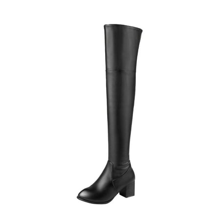 

JDEFEG High Heel Boots for Women Thick Warm Plush Leather Boots Autumn Winter Fashion Boots Round Toe Half Zippered Over Knee High Boots Black Size 37