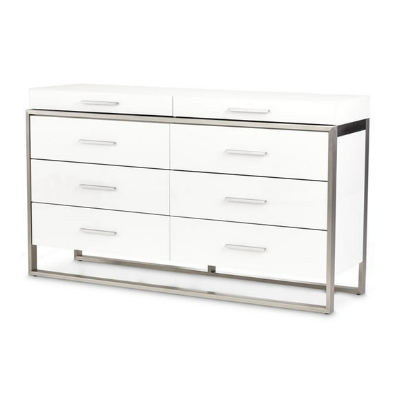 Michael Amini Marquee 8-Drawer Modern Wood and Glass Dresser in Cloud White